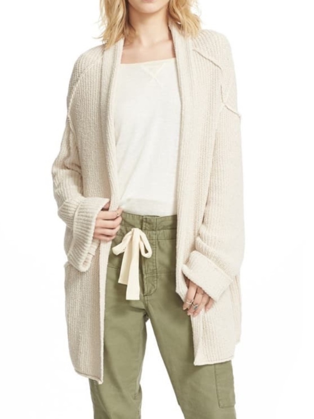 Free People off white ecru chunky knit open front flowy draped cardigan sweater